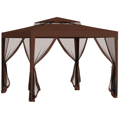 Outsunny 10x10 Canopy Tent Party Tent with Mesh Netting & Double Tier Roof for Outdoor, Garden, Patio in Brown 