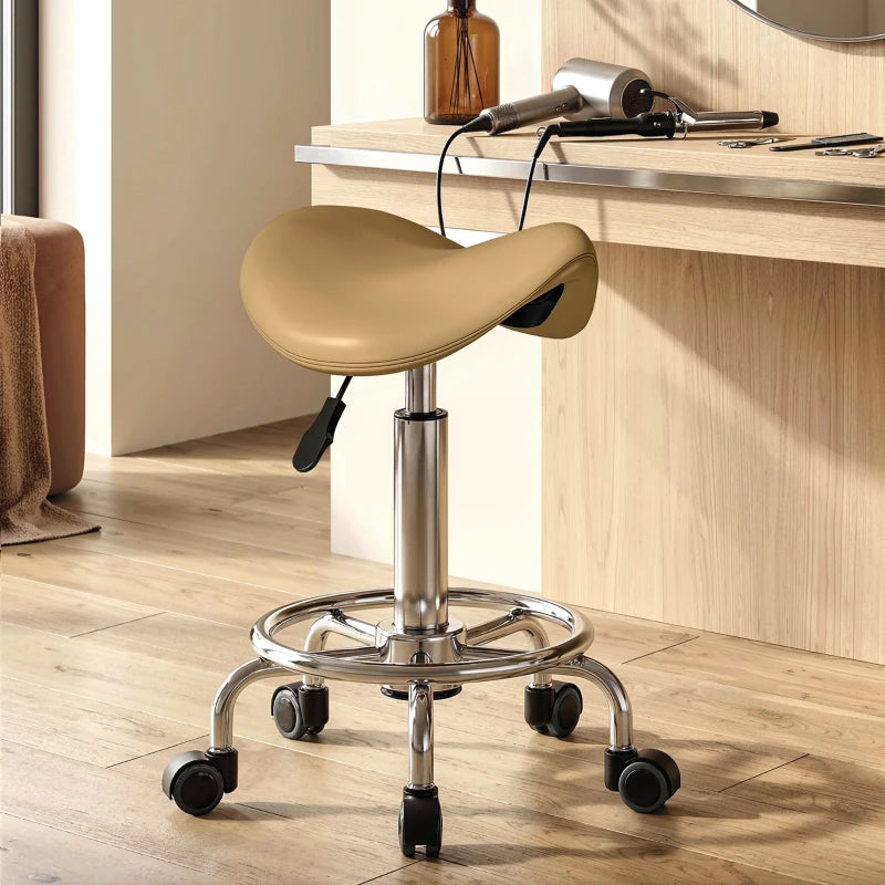 Saddle Stool, PU Leather Adjustable Rolling Salon Chair, Light Brown