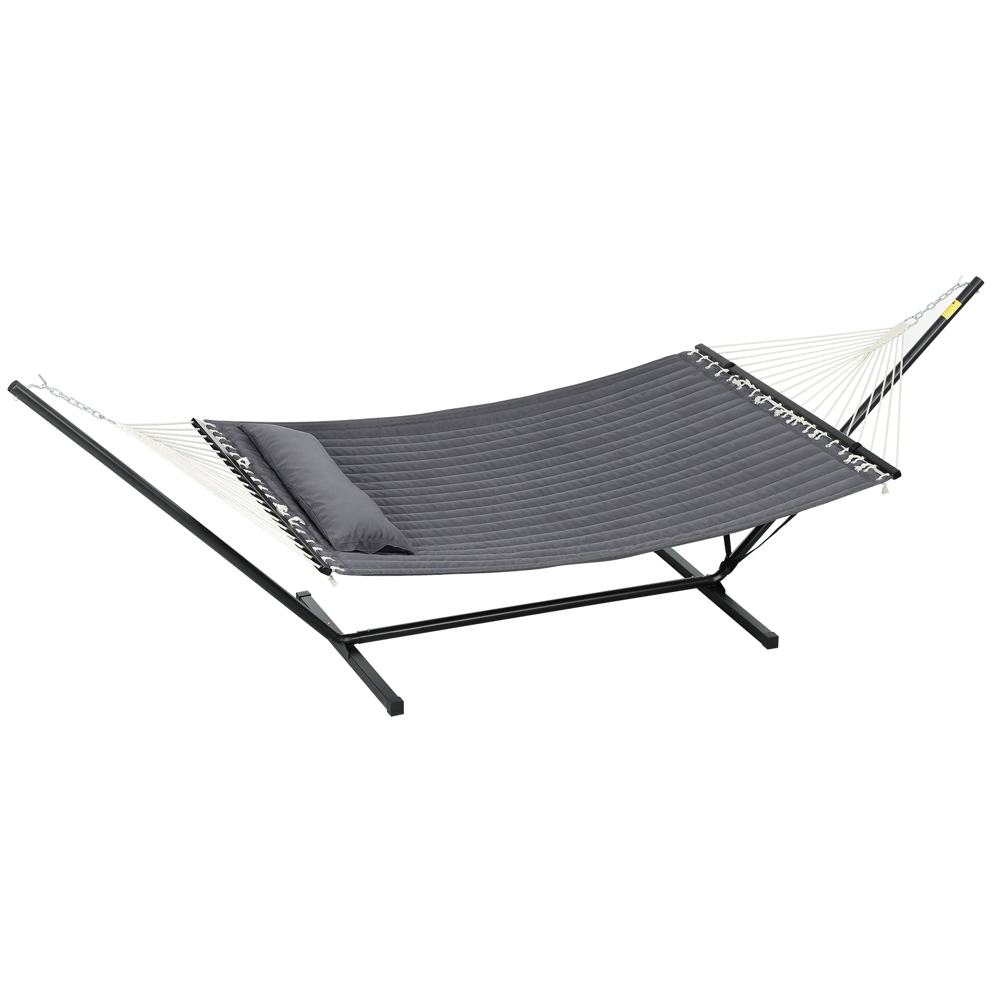 Outsunny 2 Person Hammock Quilted Double Hammock with Stand Pillow Spreader Bars for Outdoor Camping Beach, Dark Grey 