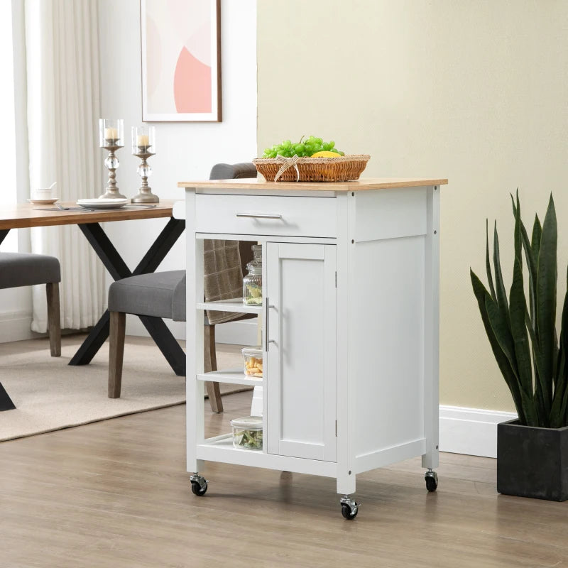 Kitchen Island, Compact Kitchen Cart on Wheels with Open Shelf & Storage Drawer for Dining Room, Kitchen, White