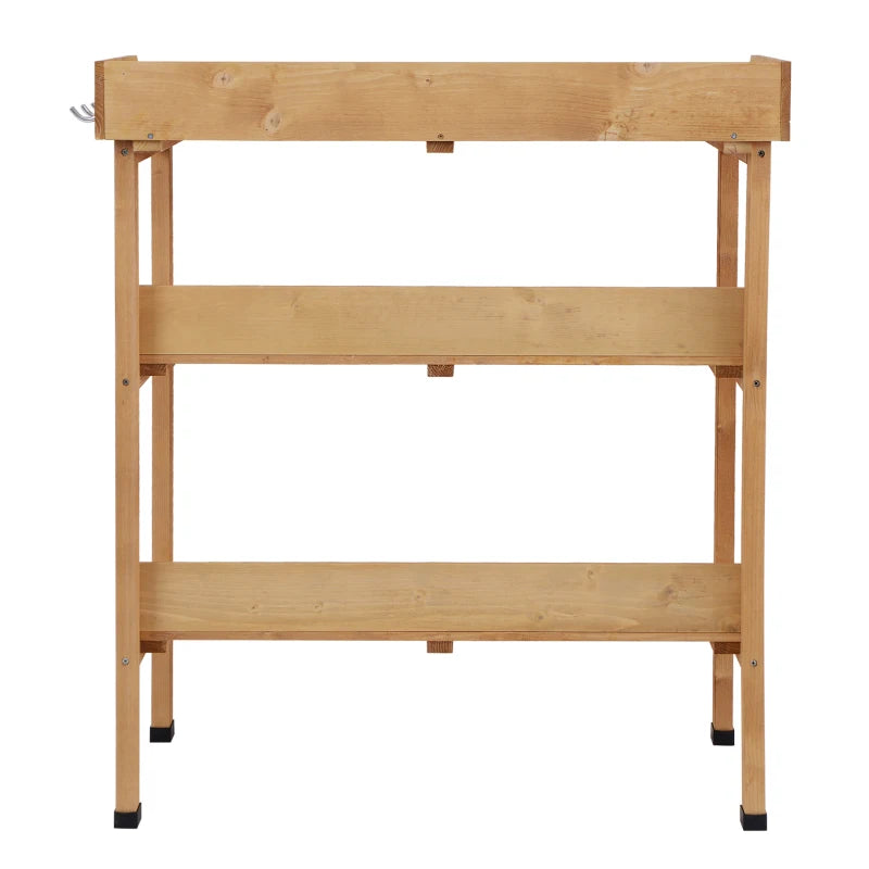 Outdoor Garden Wooden Potting Bench Work Station Table Tool Storage Shelf w/ Hooks, Natural