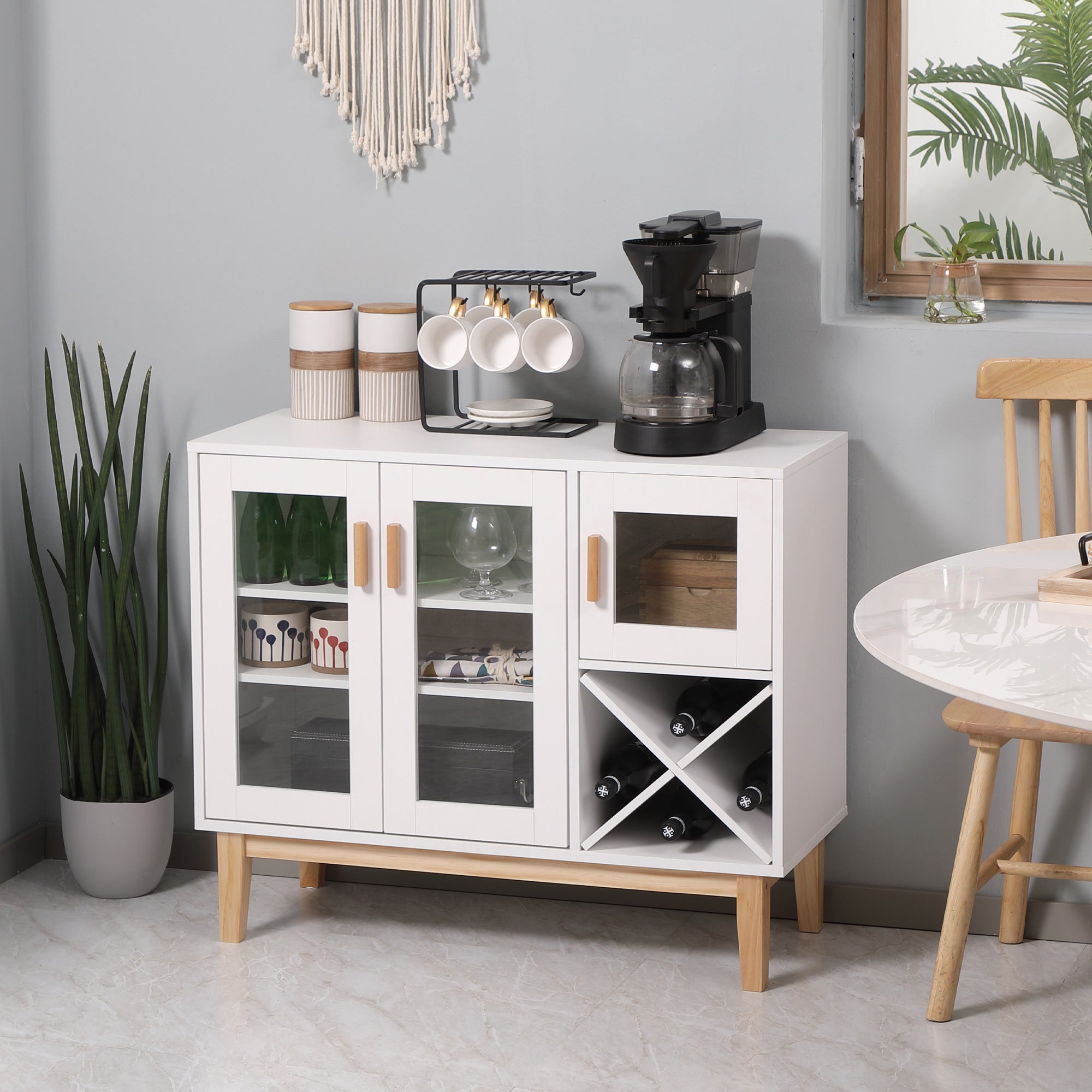 HOMCOM Buffet Cabinet with Wine Rack Glass Doors Adjustable Shelves Coffee Bar Living Room 