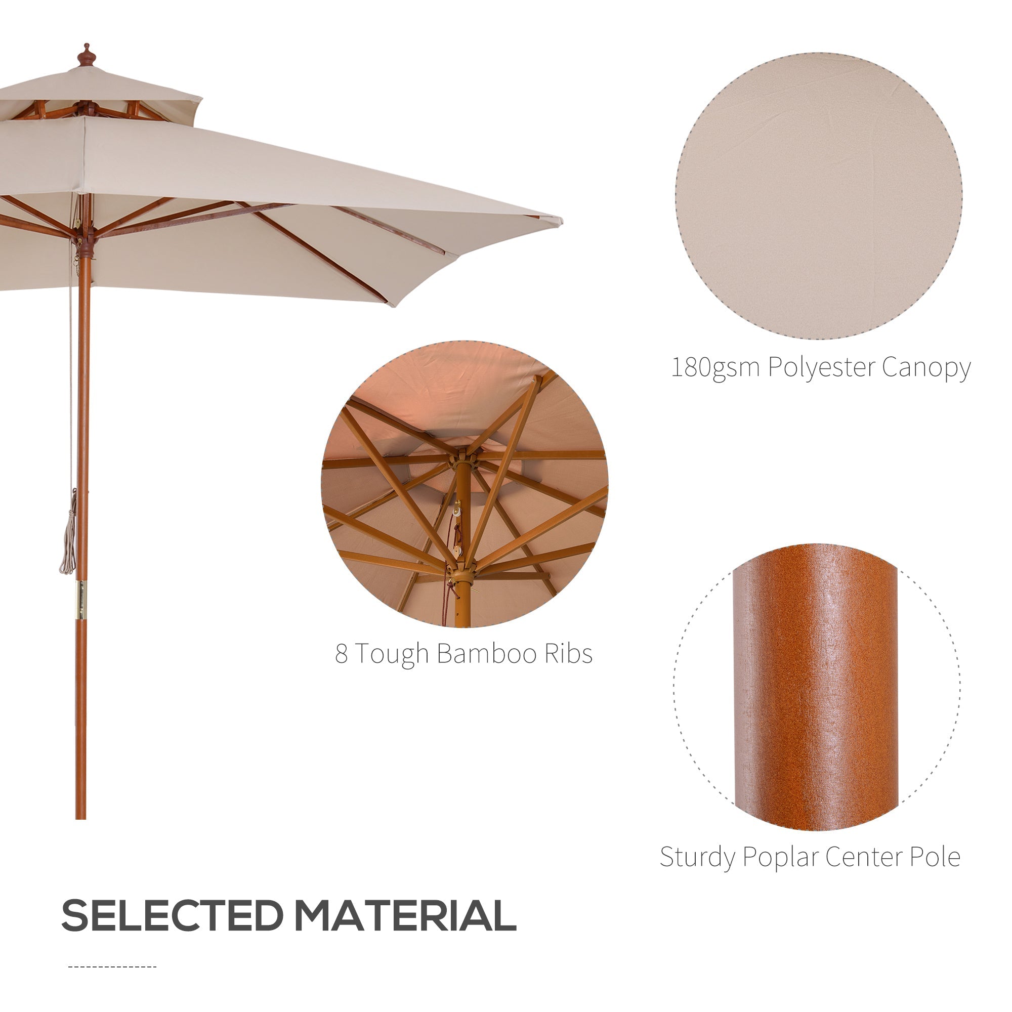 Outsunny 10x10ft Wood Square Patio Umbrella Garden Market Parasol Sunshade Canopy with 2 Pulley Pagoda Style (Khaki) 