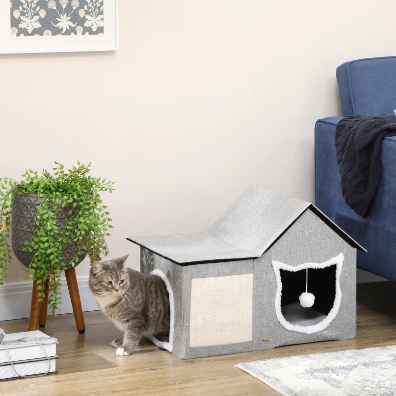 Large Cat Bed for Indoor, Cat House Hideaway with Soft Cushion, Scratching Pad, Dangling Ball, Dual Entrances, Grey