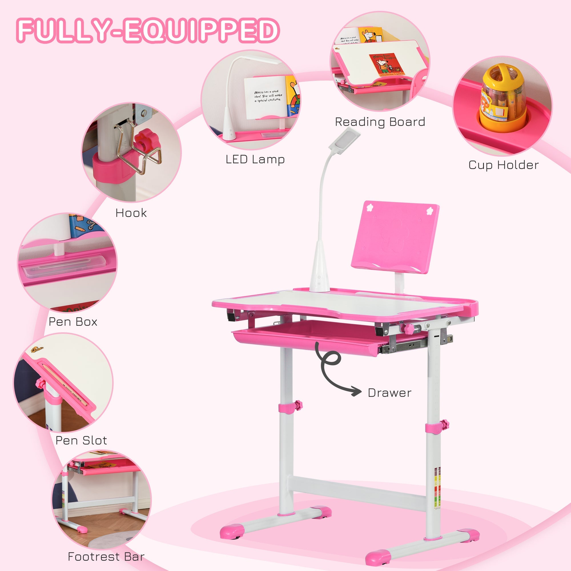 Qaba Kids Desk and Chair Set Height Adjustable Student Writing Desk Children School Study Table with Tilt Desktop, Pink 