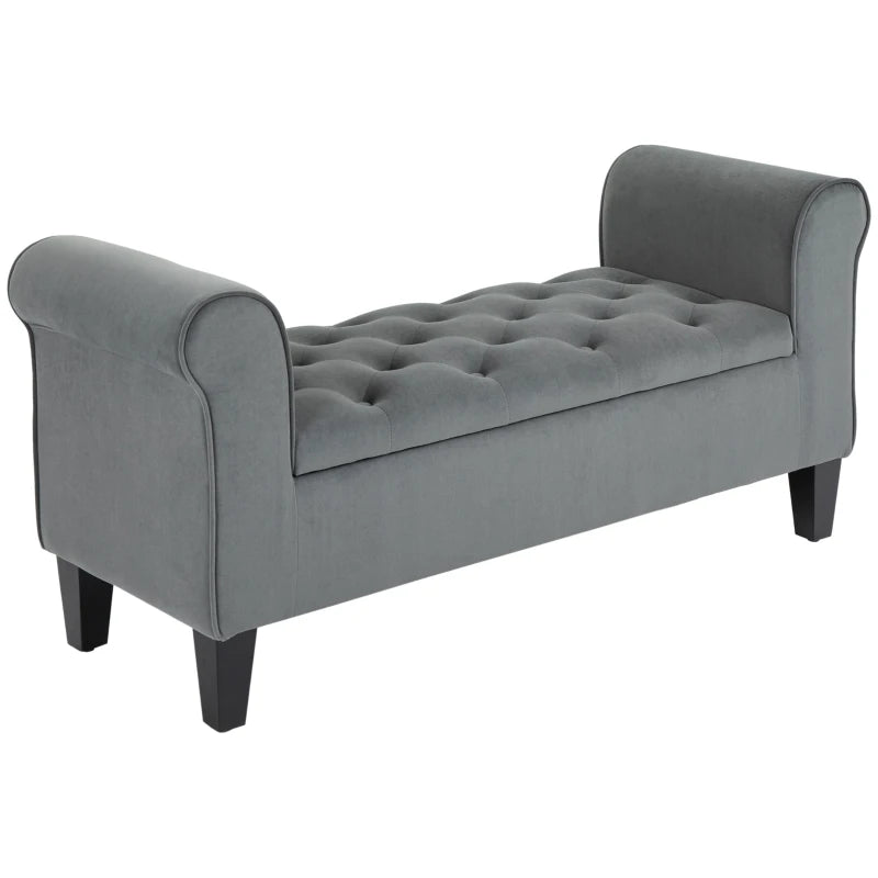 Button Tufted Storage Ottoman Bench, End of Bed Bench with Rolled Arms, Storage Chest for Living Room, Entryway, Grey