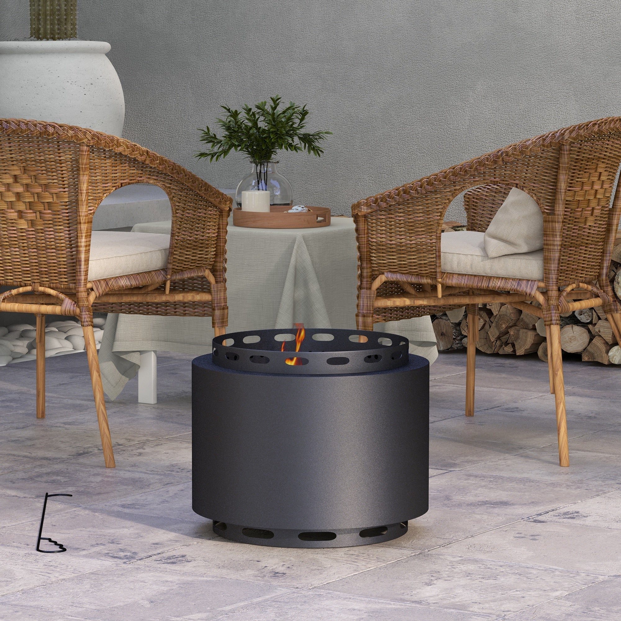 Outsunny Smokeless Fire Pit, Portable Wood Burning Firepit with Poker for Garden Camping Bonfire Party, Metal, Black 