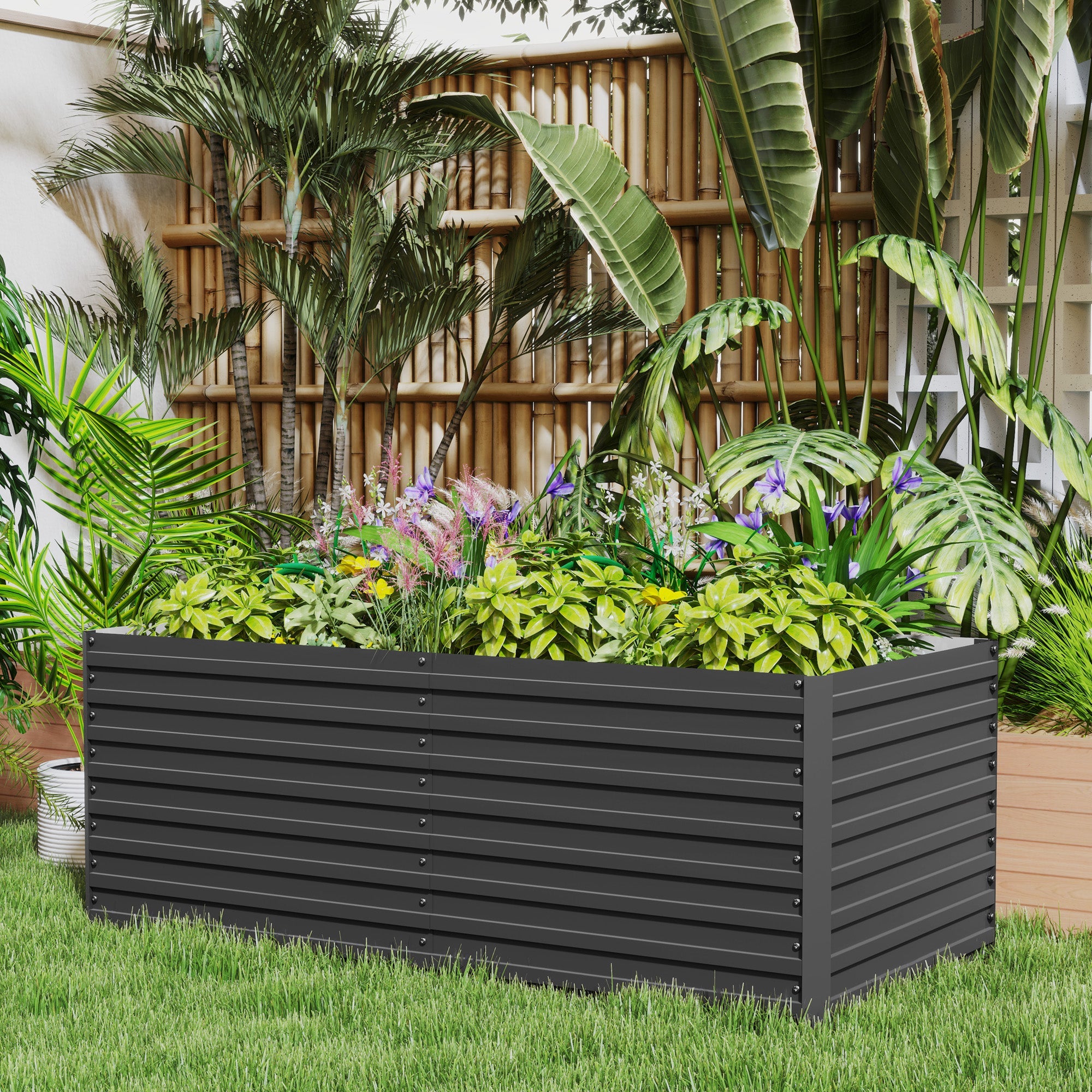 Outsunny 5 x 3 x 2ft Raised Planter Box, Durable Galvanized Steel Garden Bed for Veggies & Herbs, Dark Grey 