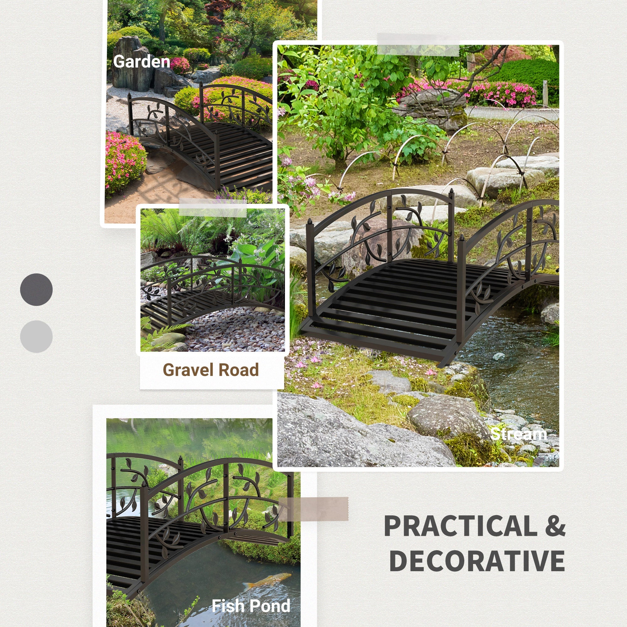 Outsunny 4' Metal Arch Garden Bridge Arc Footbridge with Guardrails and Decorative Vine Pattern, Black 