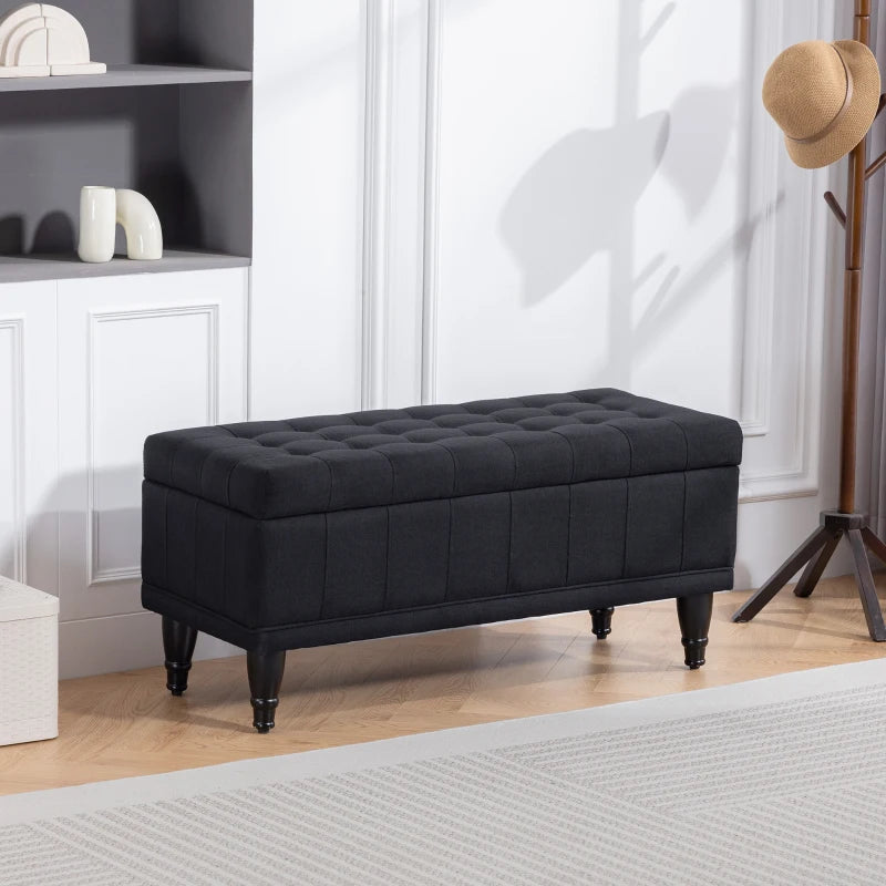 Storage Ottoman, Linen Fabric End of Bed Bench with Button Tufted Storage Bench for Bedroom, Black
