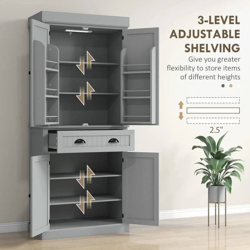 71" Kitchen Pantry Cabinet with LED Lights, 6 Spice Racks, a Drawer and 4 Adjustable Shelves, Grey