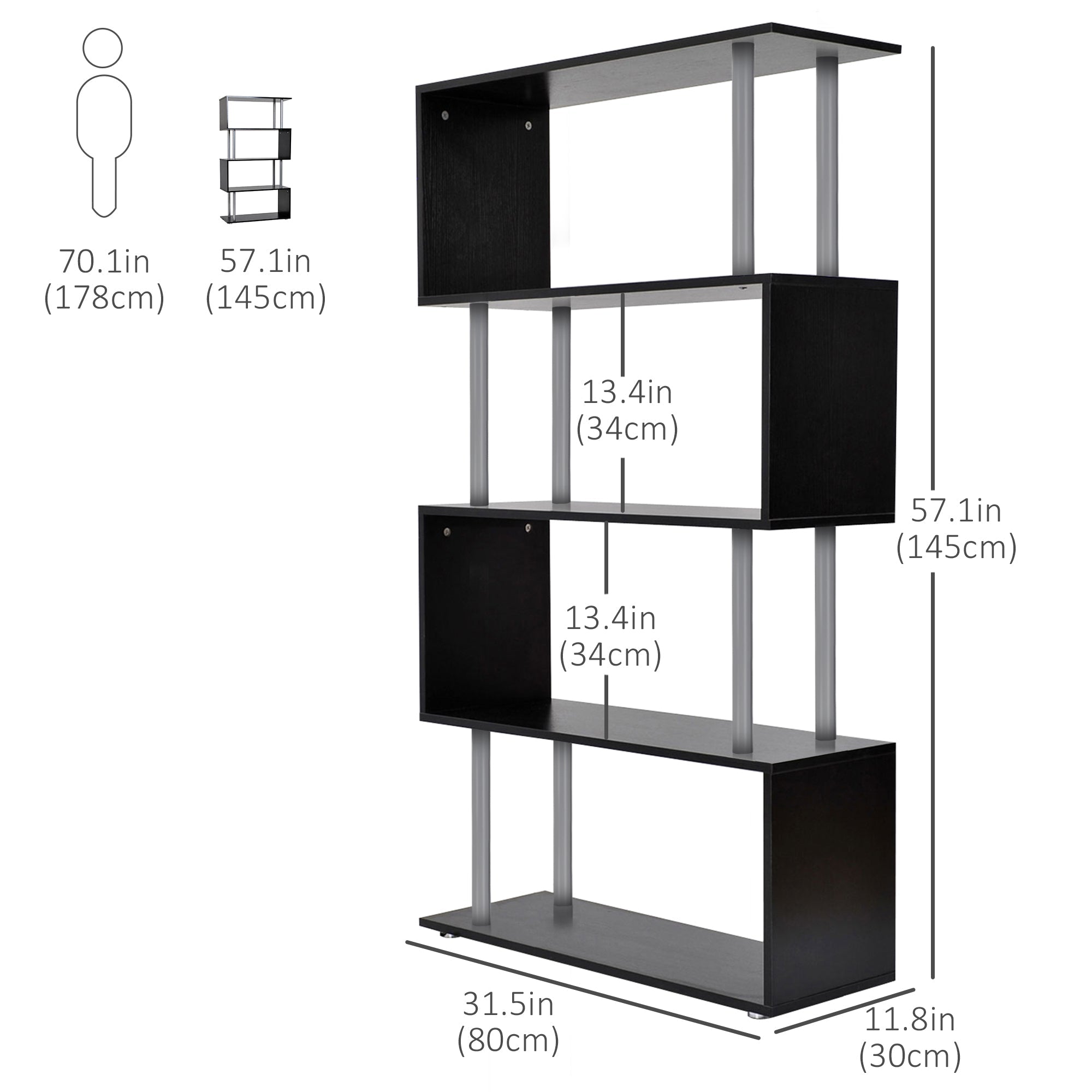 HOMCOM 5-Tier Z-Shape Bookcase: Wooden Shelves with Steel Frame for Living Room, Bedroom, Office, Black 