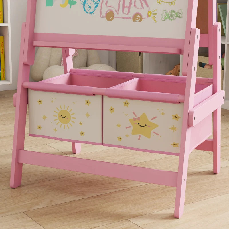 Qaba Art Easel for Kids, Double-Sided Whiteboard & Chalkboard with Paper Roll, 2 Storage Boxes, Gift for Boys, Girls, Pink