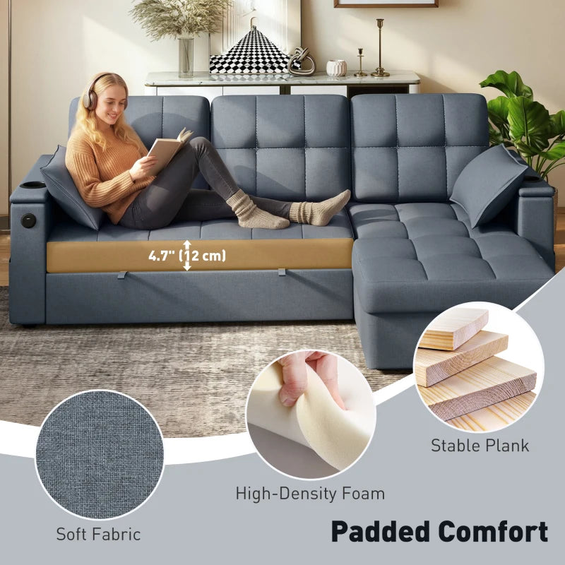 Convertible Sectional Sofa Bed, Pull Out Sleeper Sofa Couch with USB‑A+C, Chaise Storage, L-Shaped Futon Couch, Dark Grey