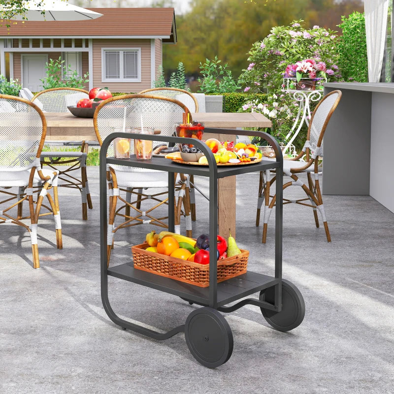 Outdoor Grill Cart with Storage, 2-Tier Bar Cart on Wheels with Side Handle, Steel Frame for Indoor Outdoor, Black
