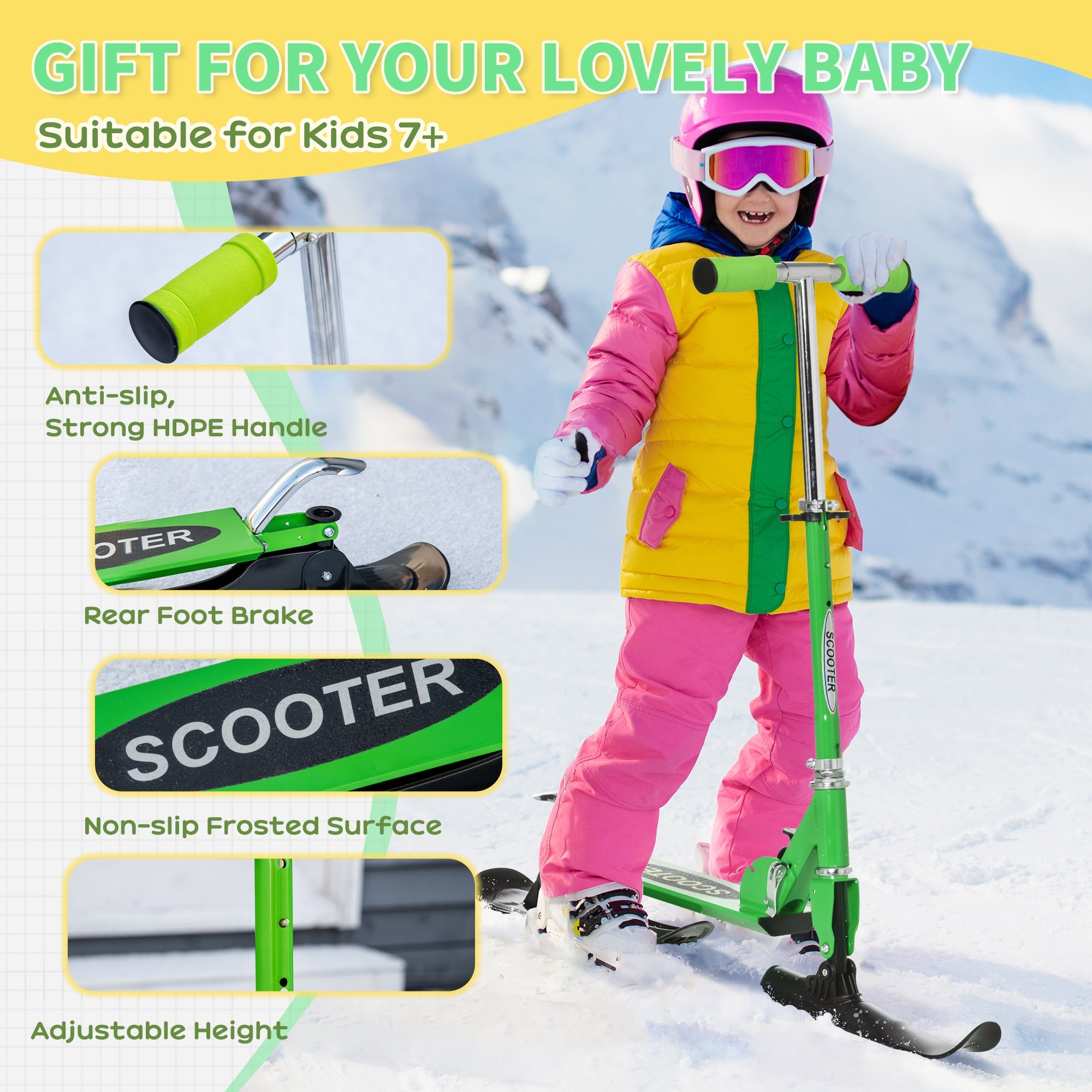 Qaba 2-in-1 Convertible All-weather Scooter Snow Street Amphibious w/ Wheels Blades Green 
