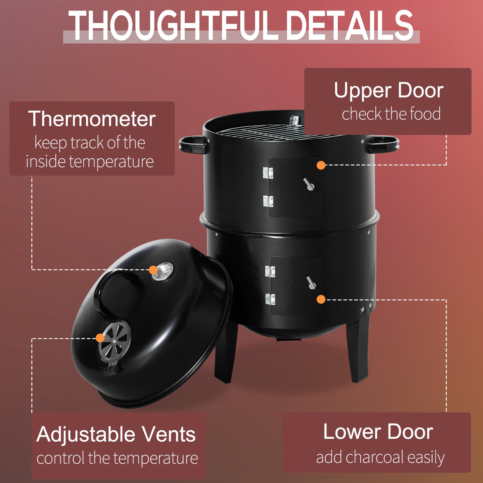 Outsunny Vertical Charcoal BBQ Smoker 3-in-1, 16" Round Barbecue Grill with Dual Cooking Areas, Thermometer, Black 