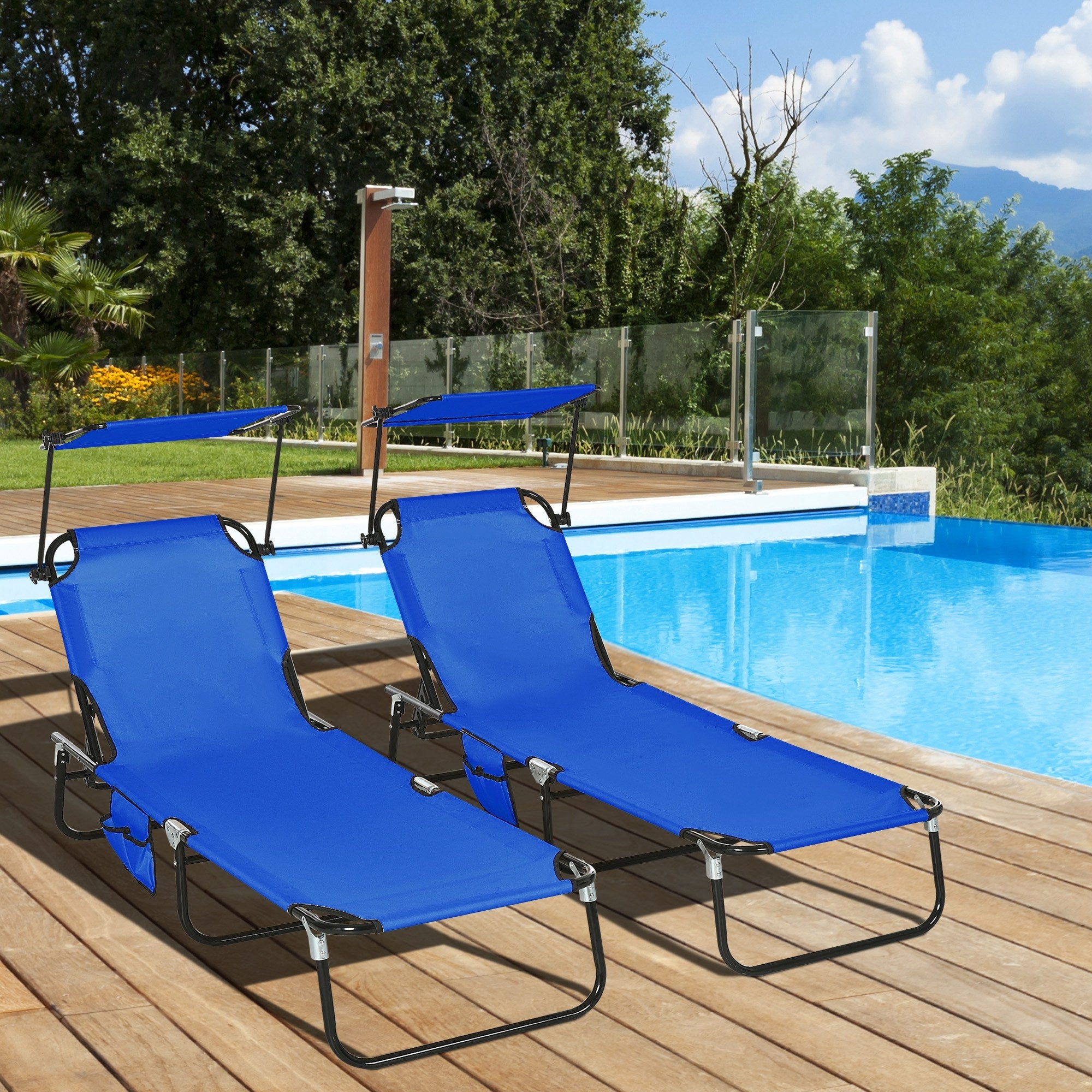 Outsunny 2 Piece Folding Outdoor Chaise Lounges, Pool, Sun, Tanning Chairs with Reclining Back, Sunshade for Beach, Patio, Blue 