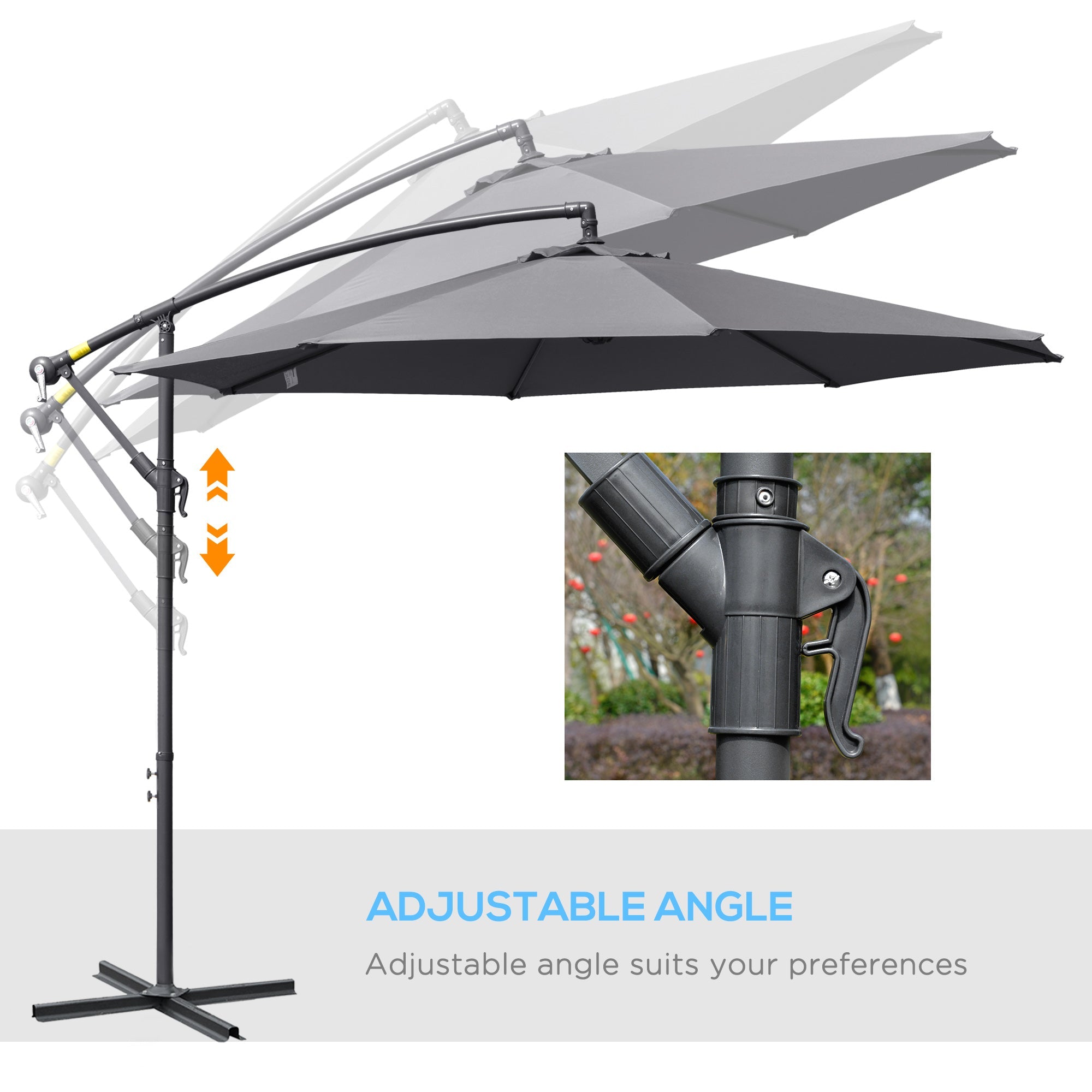 Outsunny Banana Hanging Rattan Umbrella Set: 10ft Cantilever Patio Sun Parasol with Base, Grey 