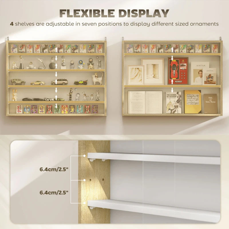 5-Tier Display Cabinet, Shot Glass Display Case, Glass Curio Cabinet with 2 Glass Doors and 4 Adjustable Shelves, Oak
