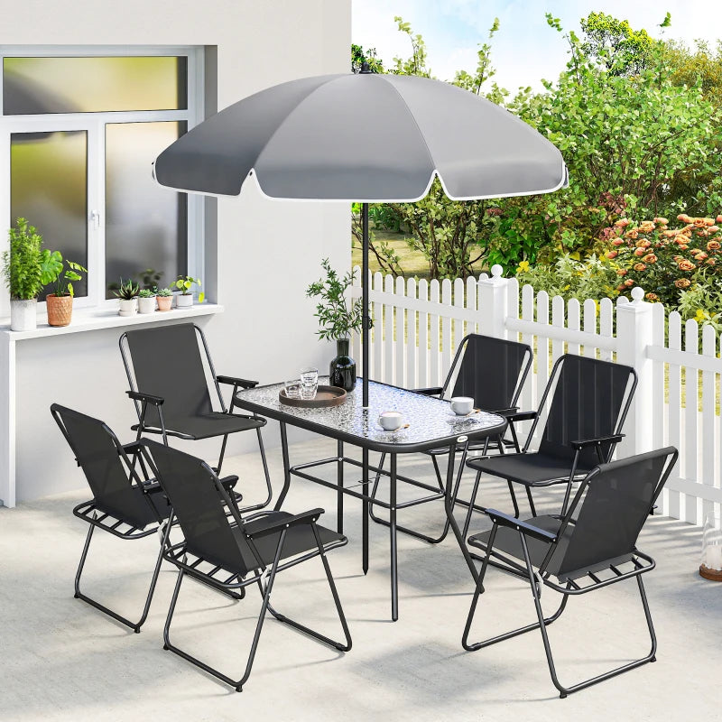 8 Piece Patio Table and Chairs Set with Folding Chairs, Tempered Glass Tabletop and Umbrella for Garden, Black