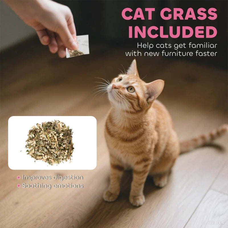 Cat Scratcher House, 2-in-1 Cardboard Cat Scratching Pad with Door, 4 Paw-Shaped Vents and Grass for Indoor, Pink