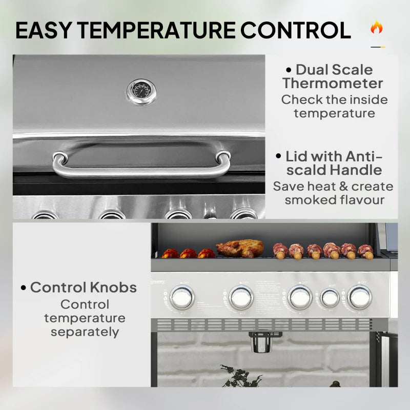 🔥 4+1 Burner Liquid Propane Gas Grill – Outdoor BBQ with Side Burner (Silver)