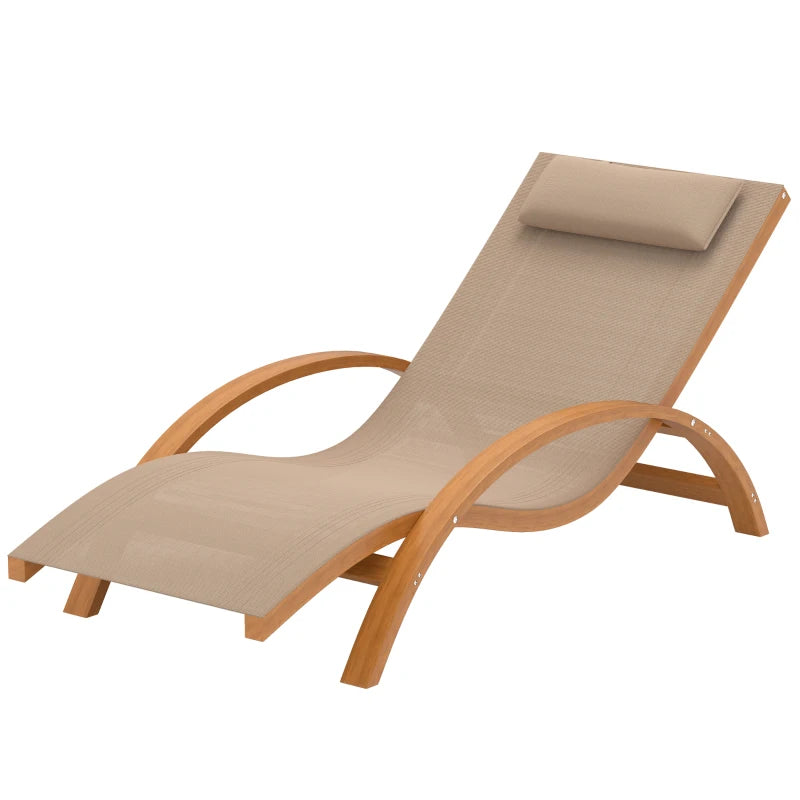 Outdoor Wood Chaise Lounge Chair Recliner Patio Camping with Headrest, Teak & Light Khaki