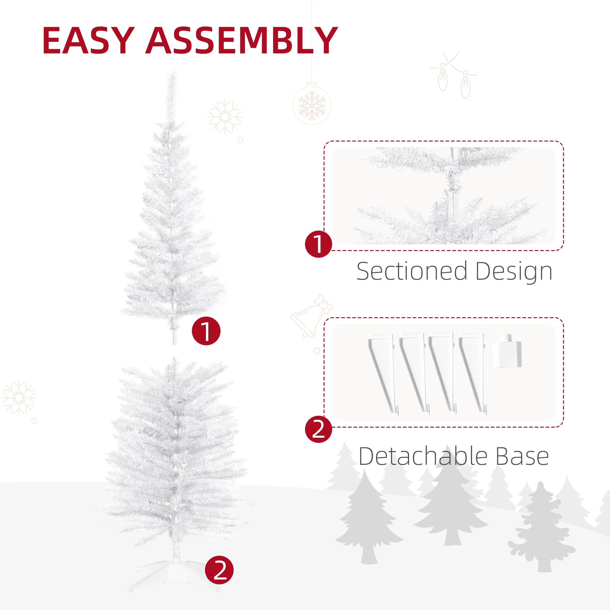 HOMCOM 5FT Artificial Christmas Tree, Pencil Christmas Tree with Realistic Branches, Stable Stand, White 