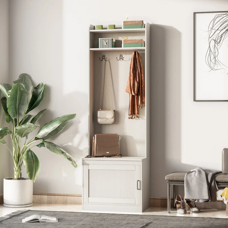 Modern Hall Tree with Shoe Storage Bench, Coat Rack and Shelves, White