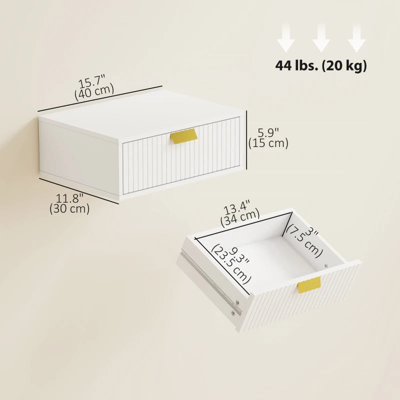 Modern Floating Nightstands Set of 2, Wall Mounted Bedside Tables with Wave Drawer White