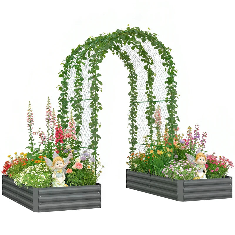 Metal Raised Garden Bed with Trellis, Galvanized Garden Bed Kit Outdoor Garden Box with Trellis, Dark Grey