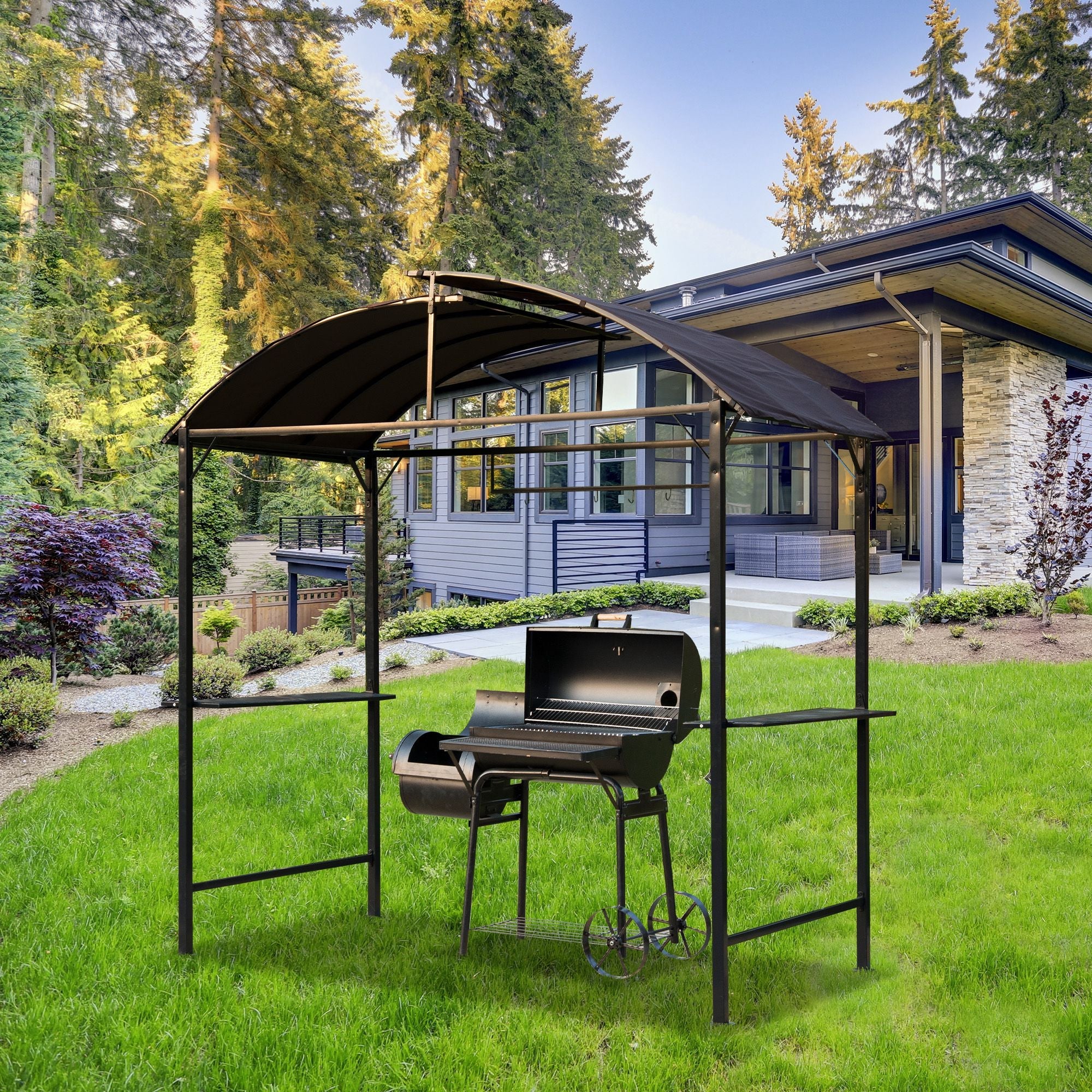 Outsunny 8x4ft BBQ Gazebo Tent Metal Frame Grill Canopy Garden Sunshade Portable Shelter Backyard w/ Side Shelf Coffee 