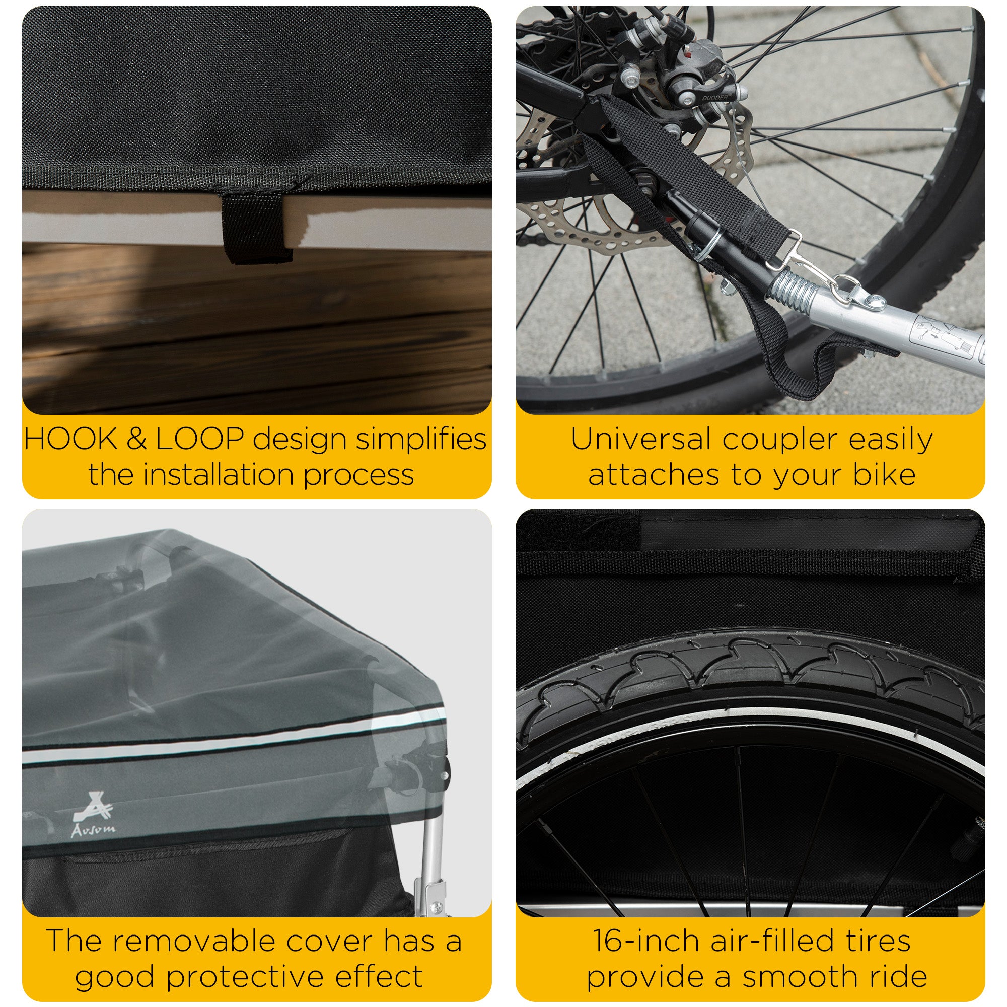 Aosom Outdoor Bike Cargo Trailer, Foldable Bicycle Luggage Wagon, Triple Safety, 16" Wheels, Removable Cover, Black and Grey 