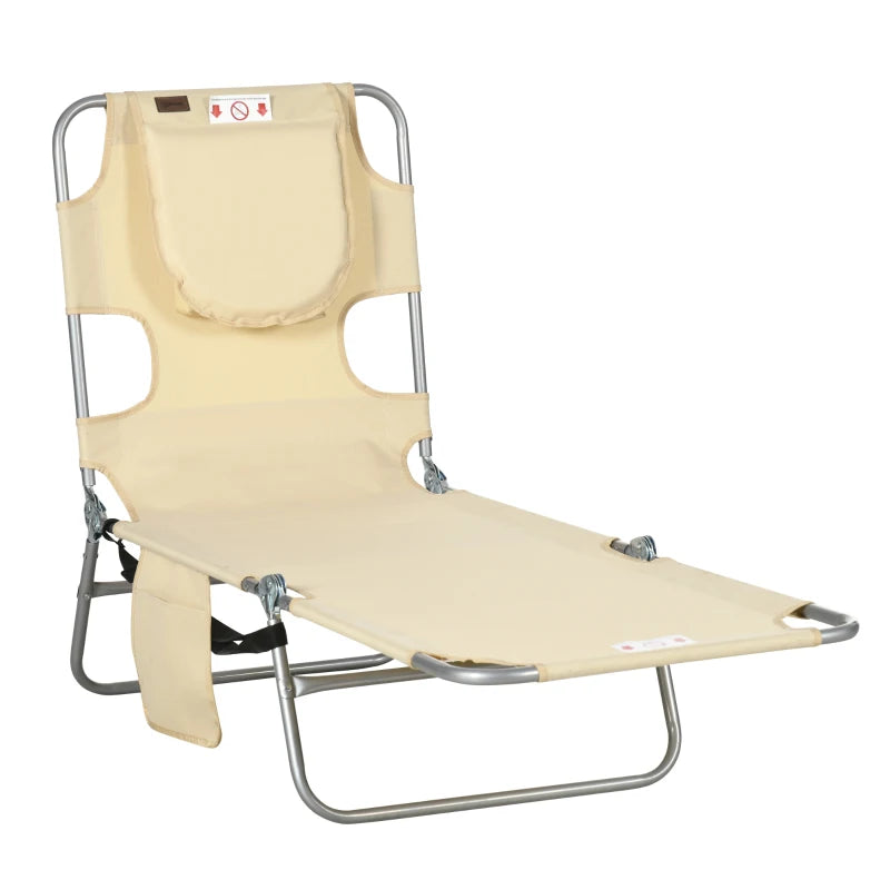 Folding Outdoor Lounge Chair, 5-Level Tanning Chair with Face Hole, Side Pocket, Carry Strap for Beach Pool, Beige