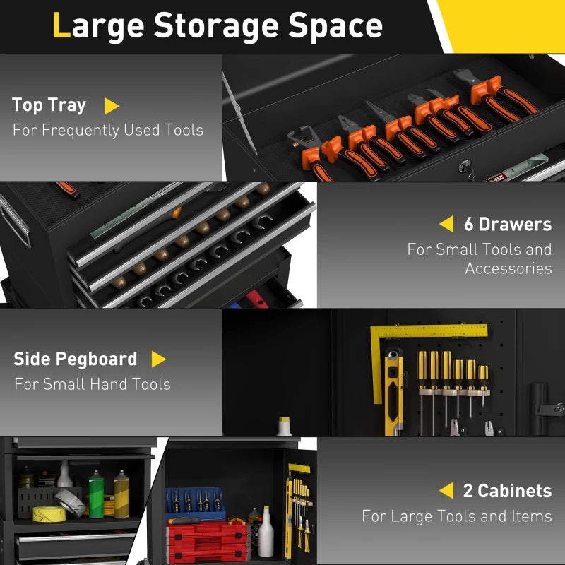 Large Tool Cabinet, 3-in-1 Rolling Tool Chest, Detachable Tool Storage Organizer with 6 Drawers and Pegboard, Black