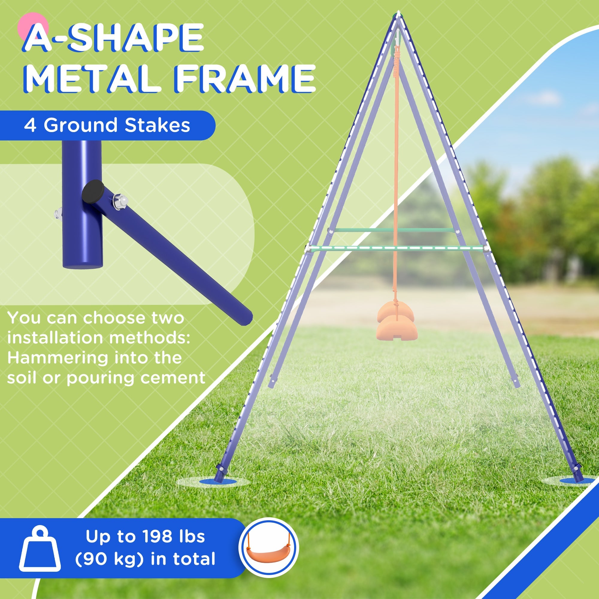 Outsunny Kids Swing Set Outdoor Metal Frame Double Swing Seats 1-2 Children 3-8 Years Playground 