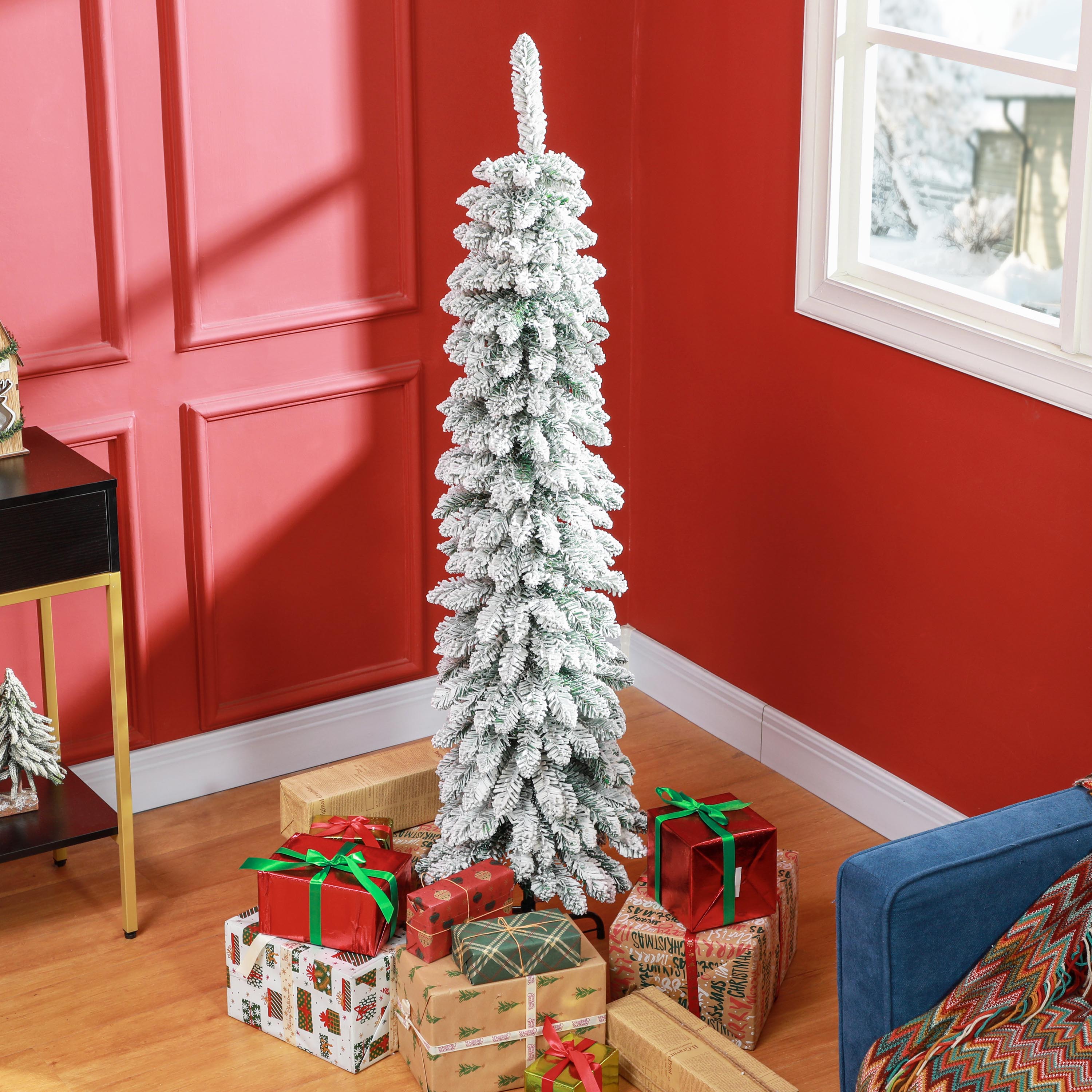 HOMCOM 5ft Snow-Flocked Artificial Christmas Tree, Slim Pencil Xmas Tree with 301 Realistic Branches, Metal Base, Green 