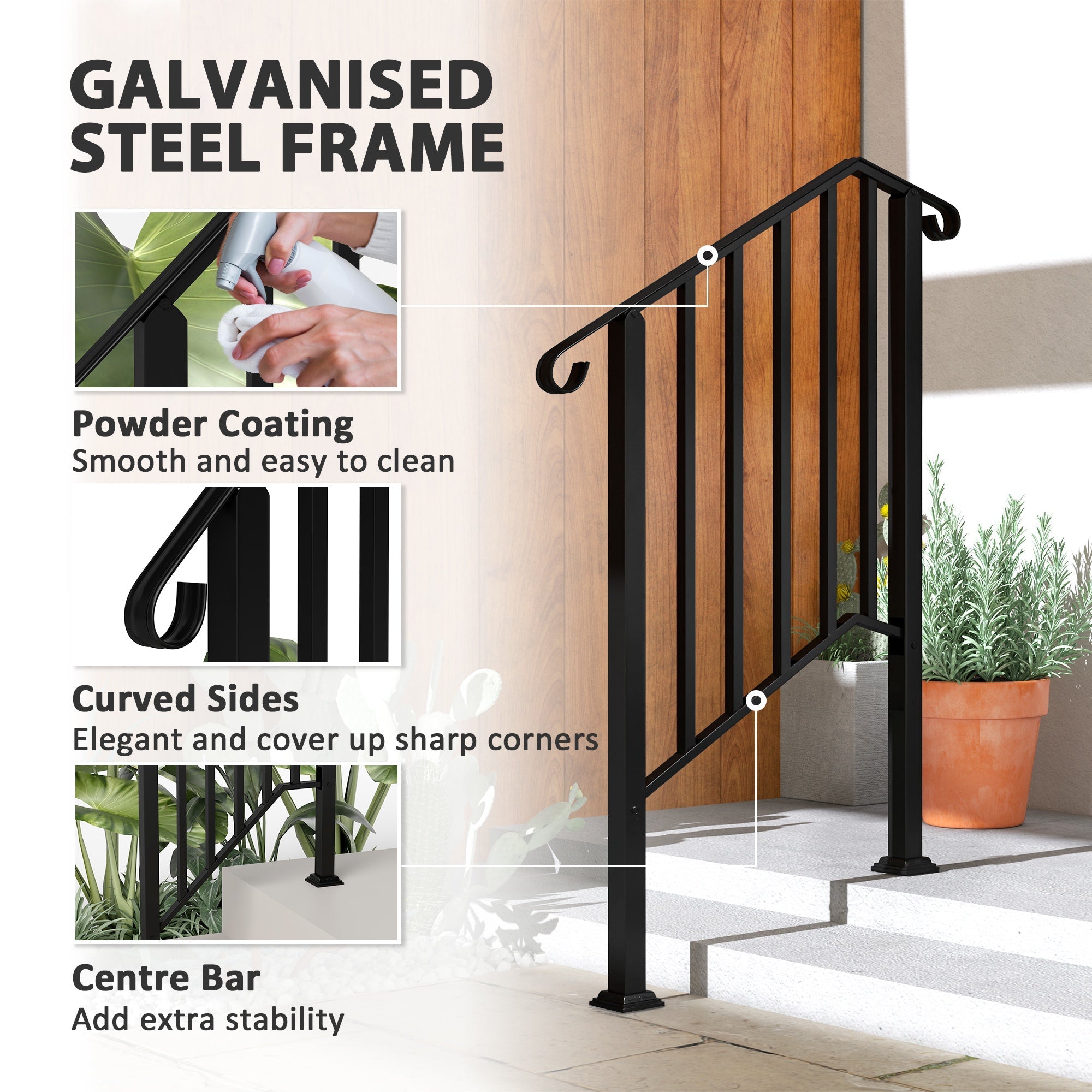 Outsunny 2-3 Step Handrails for Outdoor Steps, Metal Outdoor Stair Railing, Porch Deck Railing with Installation Kit, Black 