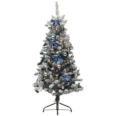 HOMCOM 5ft Prelit Artificial Christmas Tree with Blue Ornaments, Flocked Christmas Tree with LED Lights for Holiday 