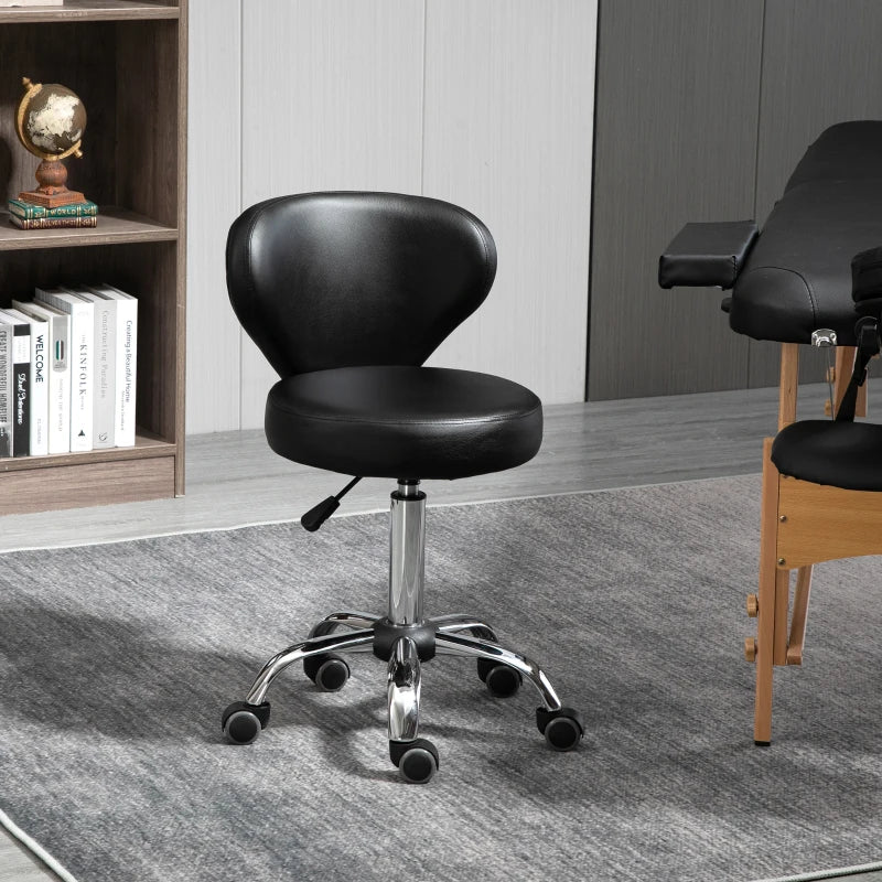Adjustable Swivel Salon Stool with Backrest and Wheels, Office & Living Room Chair, Synthetic Leather, Black