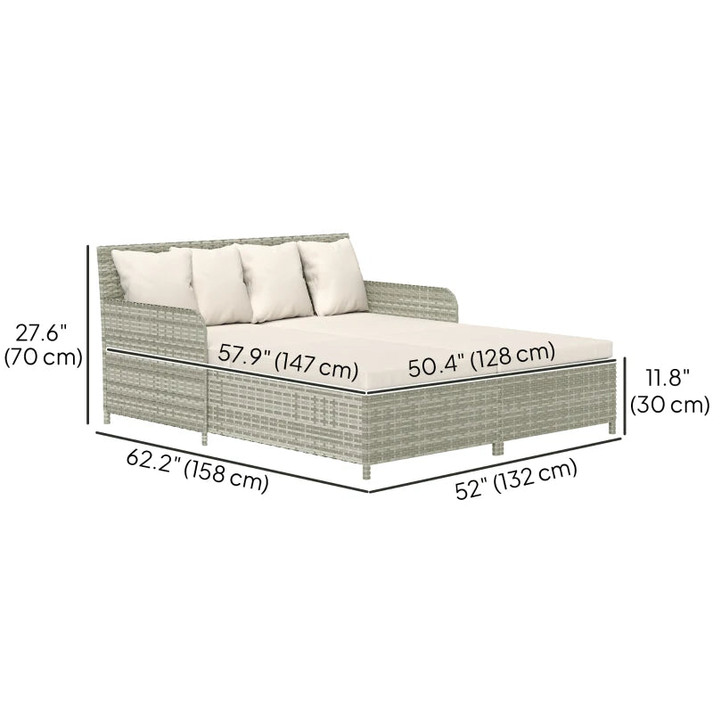 Rattan Outdoor Daybed, Sunbed Loveseat with Soft Cushions, 4 Pillows, Curved Backrest & Armrest, Beige