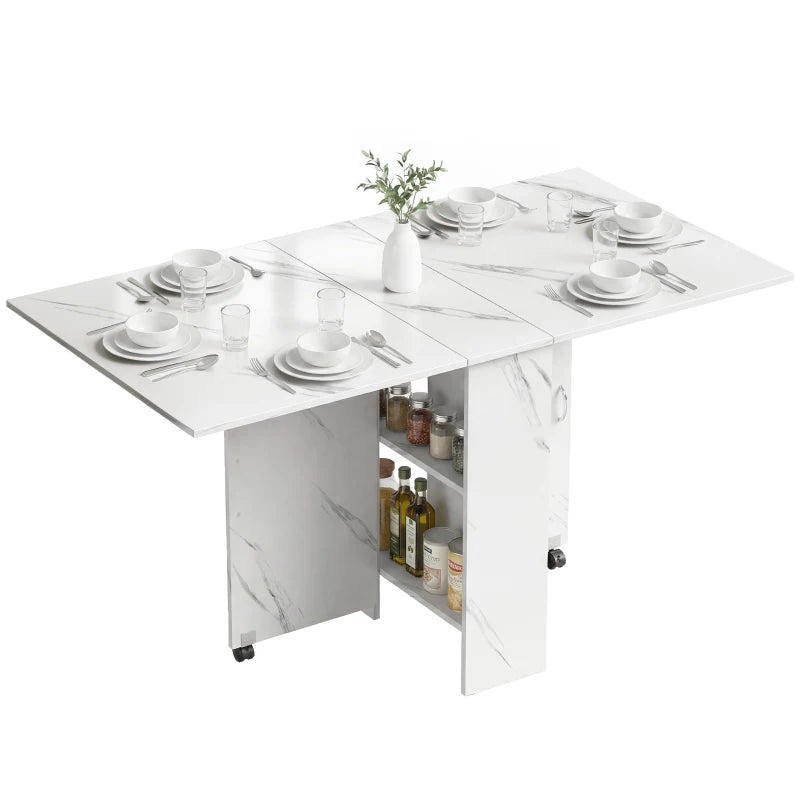 Extendable Dining Table, Collapsible Folding Table with 2-tier Shelves and Rolling Casters, Marble White