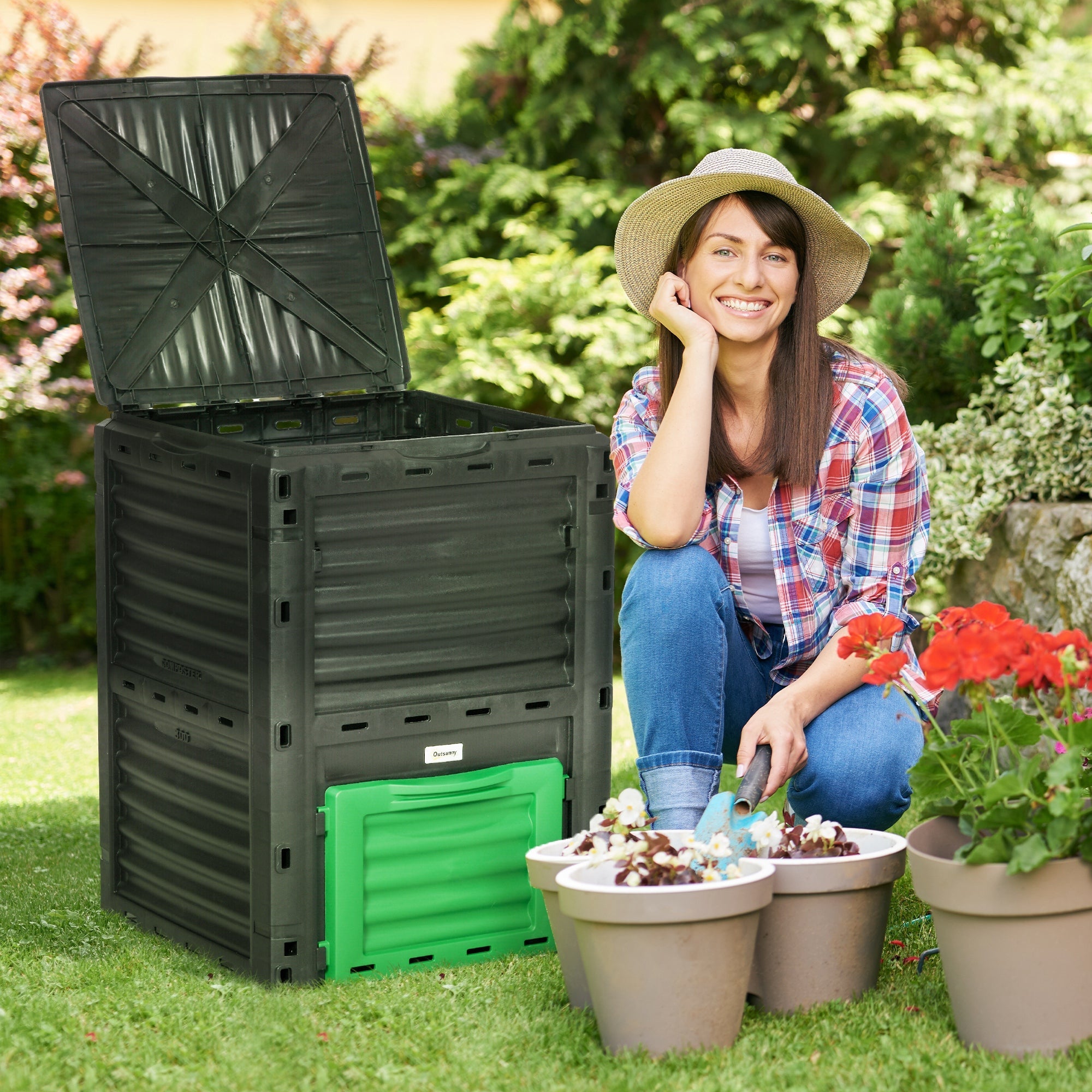 Outsunny Outdoor Compost Bin Garden Container, Fast Creation of Fertile Soil Aerating Compost Box, 80 Gallon, Green 