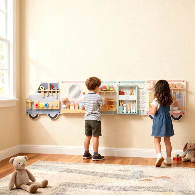 Qaba Wall Busy Board, 5 Activities Sensory Wall Toy for Playroom Nursery Classroom, for Kids 3+ Years