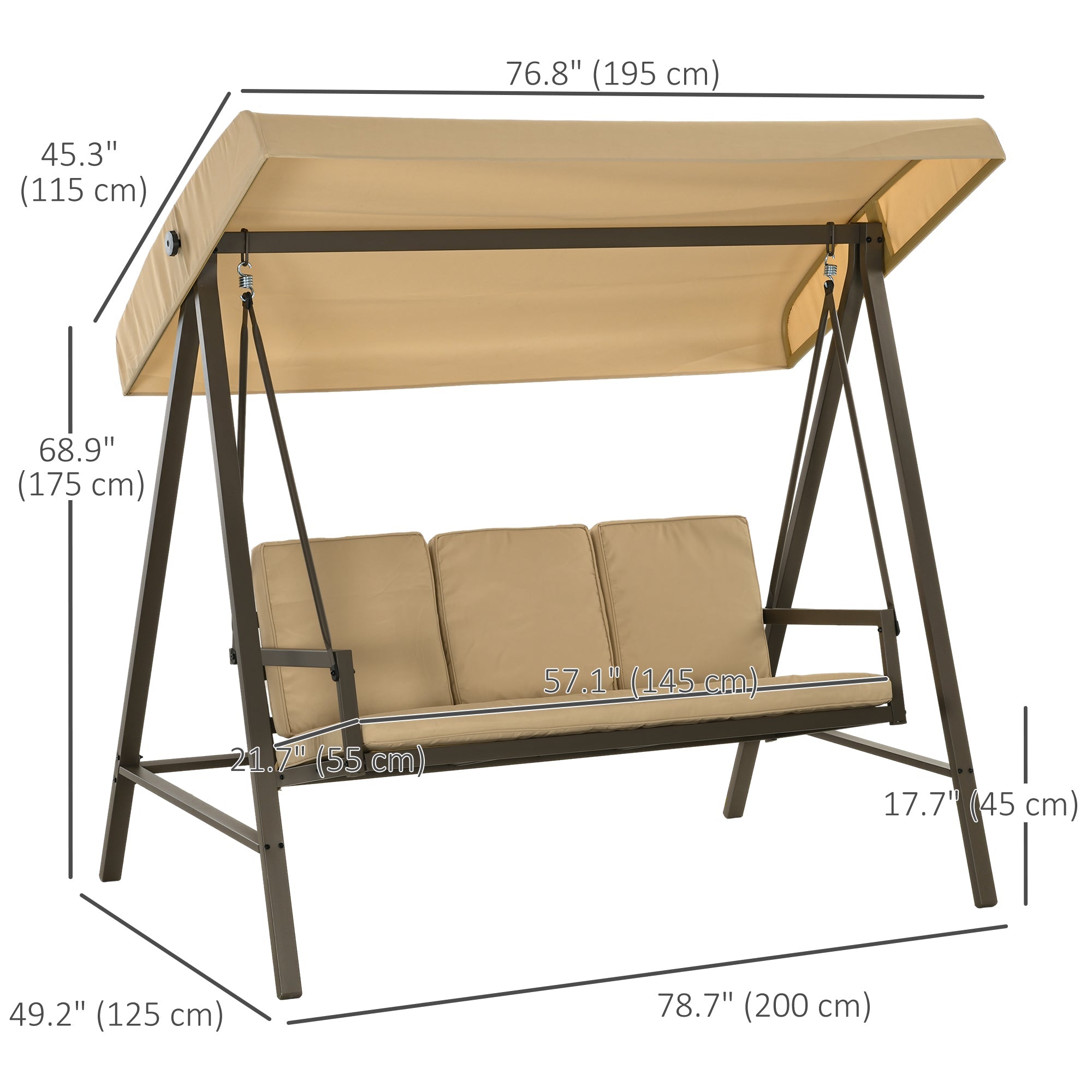 Outsunny 3 Seater Patio Swing Chair, Porch Swing with Adjustable Canopy and Removable Cushions, Outdoor Swing Seat, Beige 