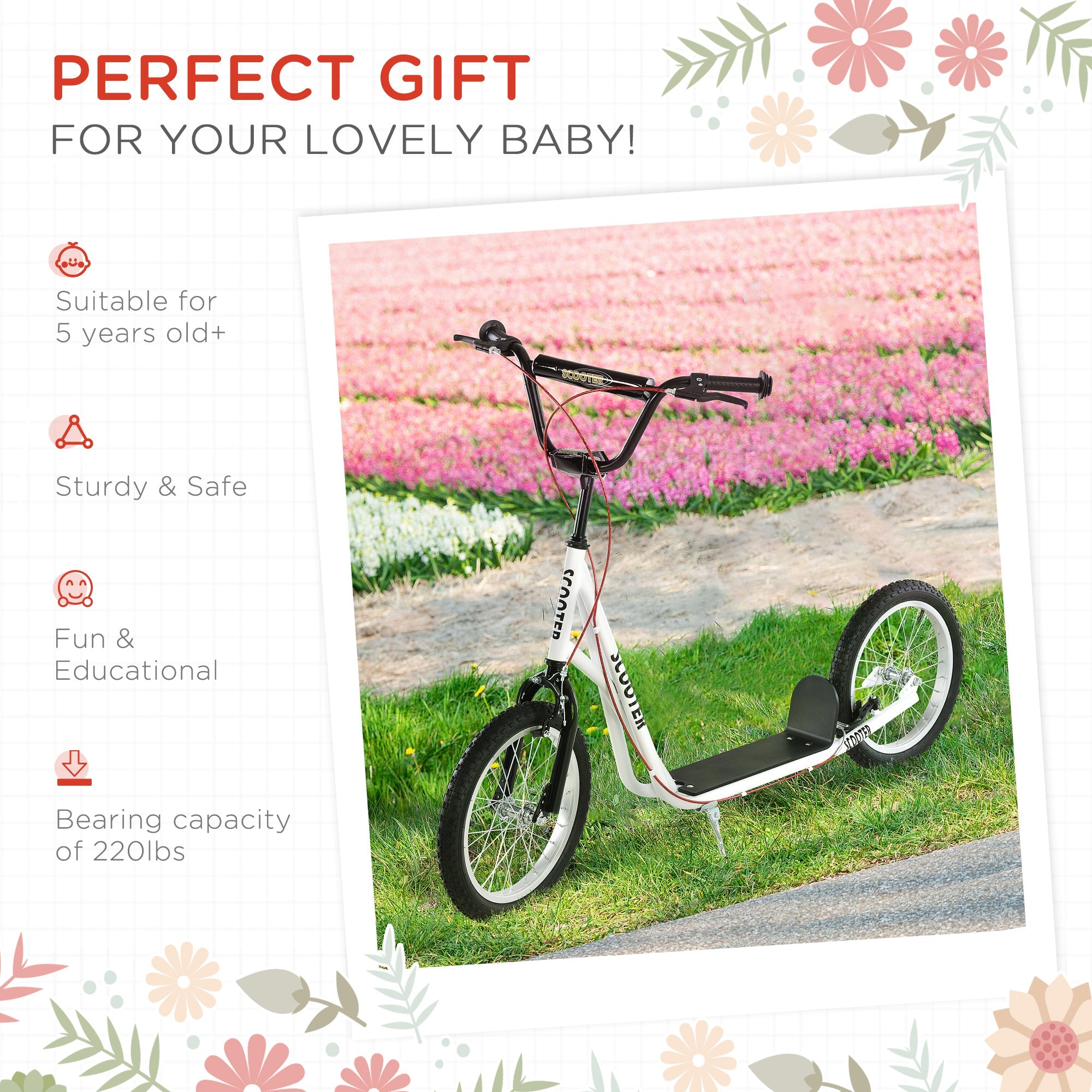 Aosom Youth Kick Scooter: Adjustable Handlebar, Dual Brakes, Inflatable Wheels for Teens 5+ - White 