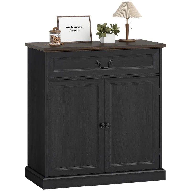 Buffet Cabinet, 32" Farmhouse Sideboard with Thick Top, Quiet Drawer and Adjustable Shelf, Black Wood Grain