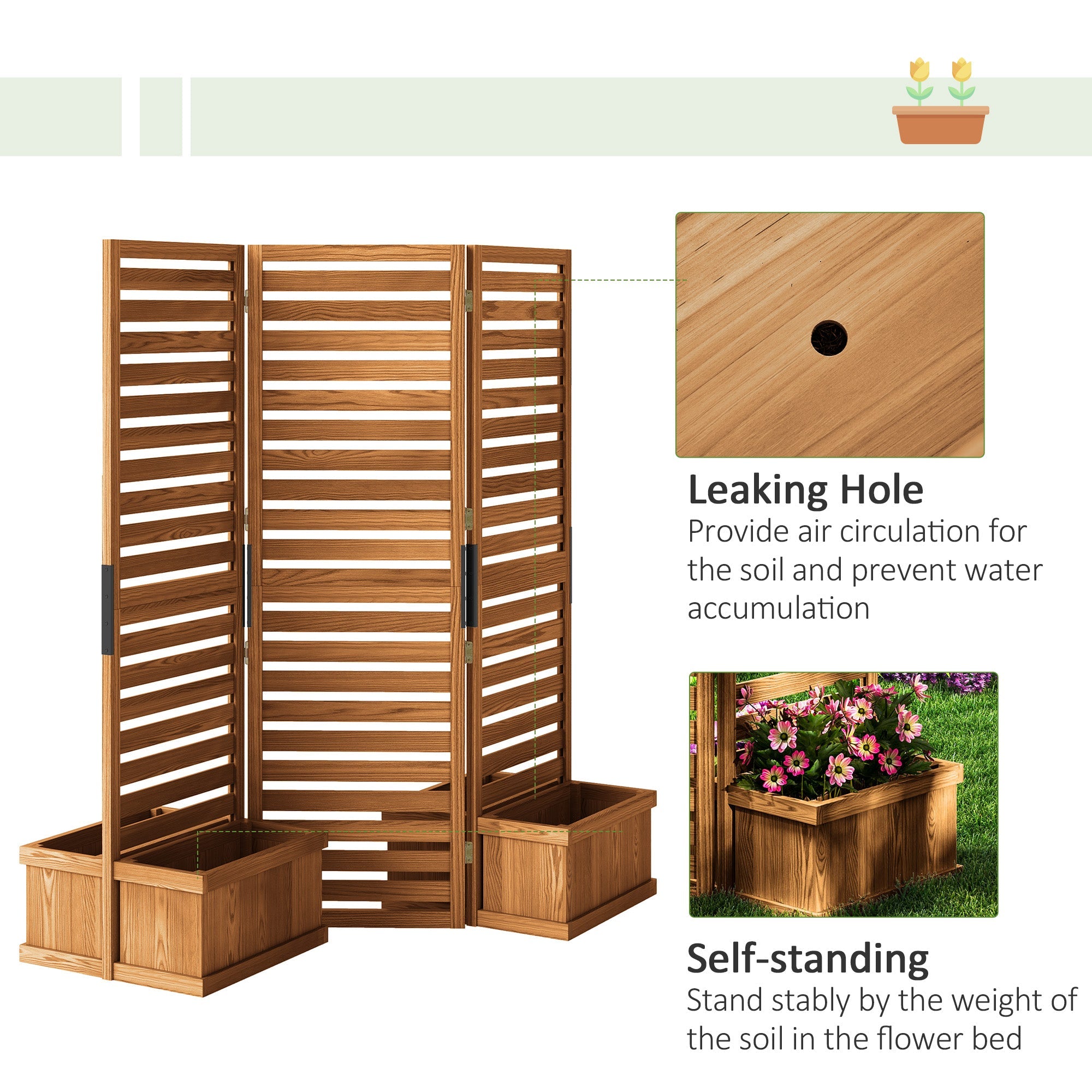 Outsunny Outdoor Wood Privacy Screen with Planter Boxes 3 Panel Raised Bed Drainage Holes Privacy Panel 