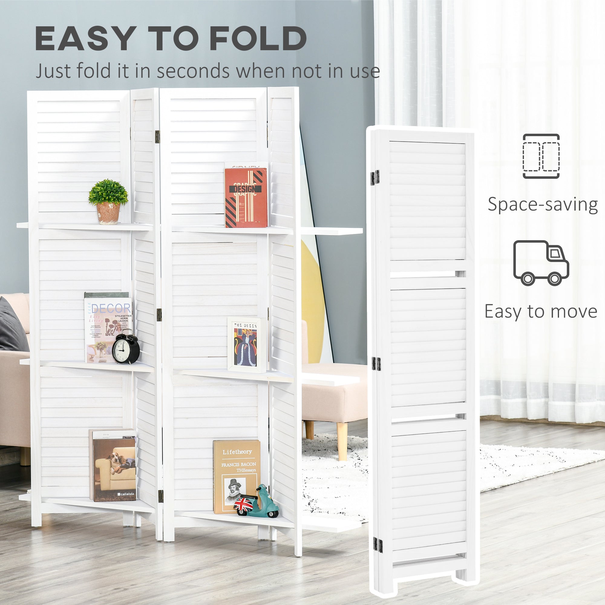 HOMCOM 5.6' 4-Panel Wood Room Divider Folding Privacy Screen Indoor Panels 3 Shelves White 